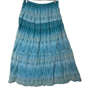 Vintage Maxi Skirt Womens Blue Floral Cottagecore Boho Size 10 Ruffle